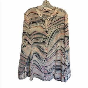 Halston Marbled Print Sheer Button Up Blouse XL